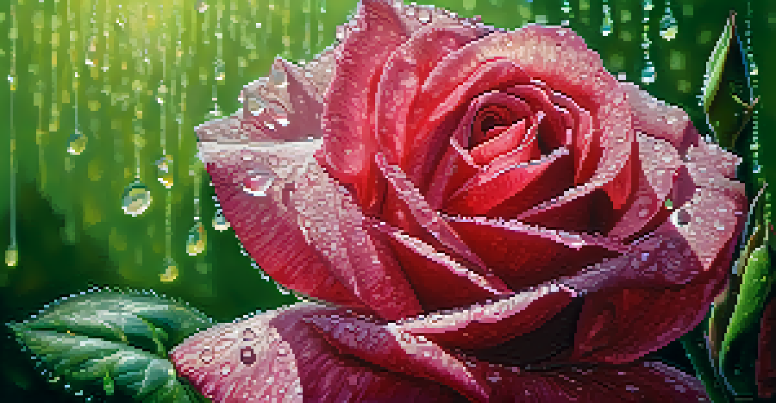 A close-up of a blooming red rose with dew drops on its petals, surrounded by a soft-focus green background.
