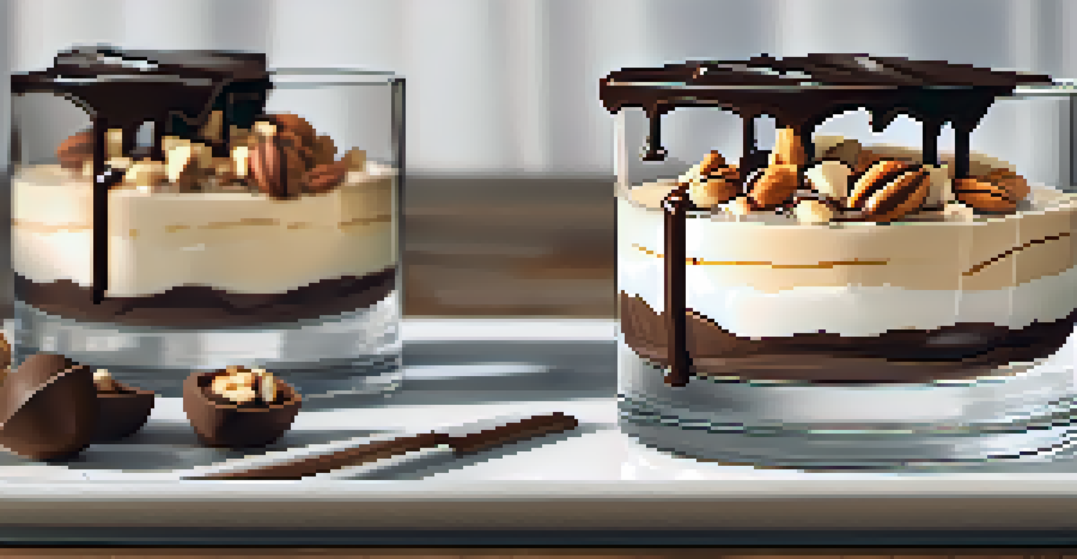 A close-up of a layered dessert with creamy mousse, toasted nuts, and chocolate drizzle in a clear glass, showcasing textures and colors.