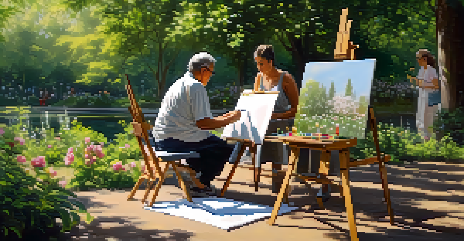 Disabled artists painting in a beautiful park, surrounded by nature and colorful flowers, enjoying a peaceful outdoor session.