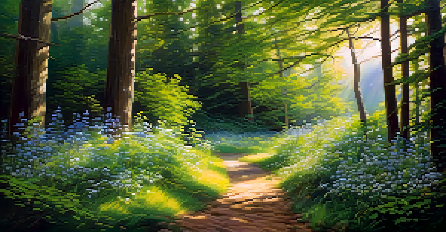 A tranquil forest path illuminated by soft sunlight, surrounded by tall trees and colorful wildflowers.