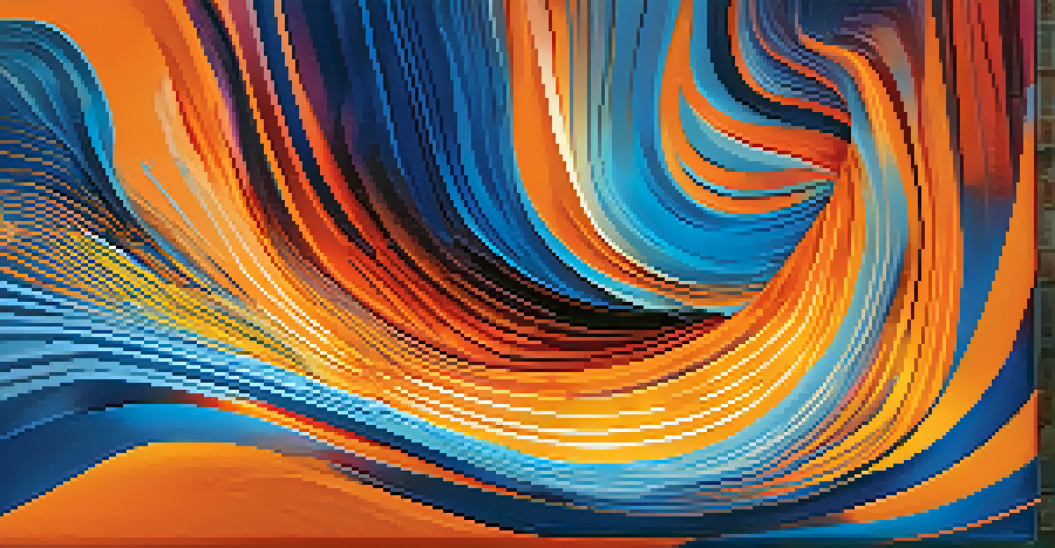An abstract artwork with swirling patterns and vibrant colors, transitioning from blue to orange.