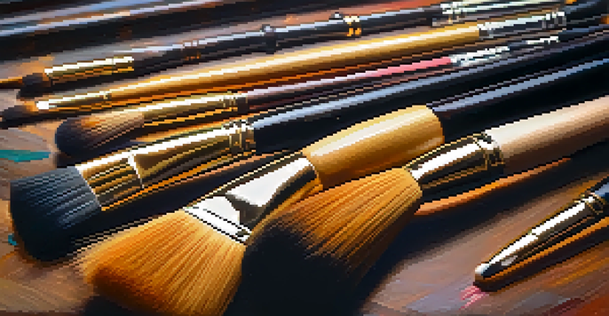 A collection of painting brushes displayed on a wooden palette with vibrant paint colors and soft lighting.