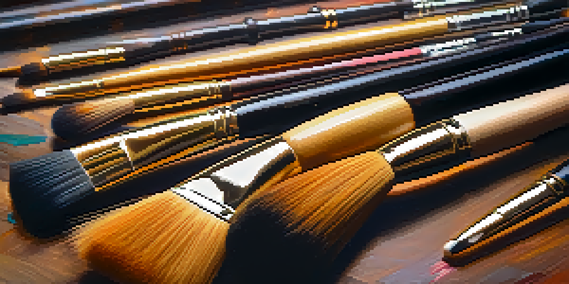 A collection of painting brushes displayed on a wooden palette with vibrant paint colors and soft lighting.