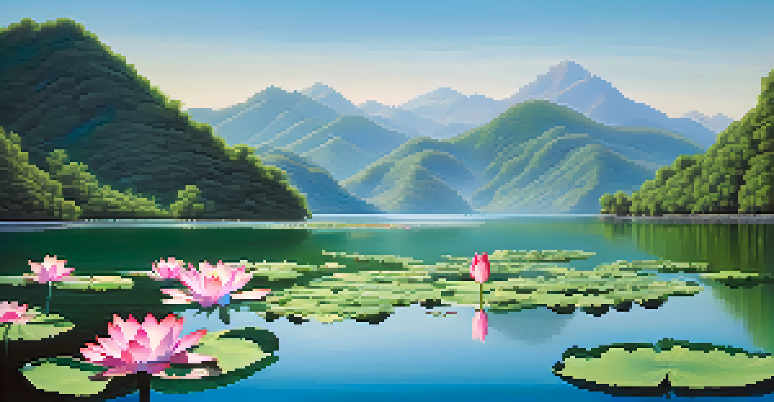 A peaceful lake surrounded by green mountains with a blooming lotus flower in the foreground.