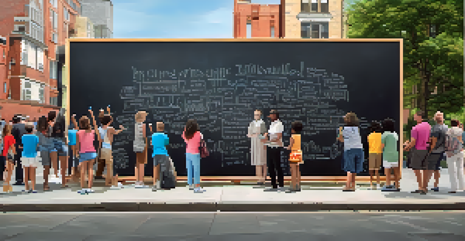 An interactive chalkboard wall in an urban area where people are drawing and writing messages, showcasing community creativity.