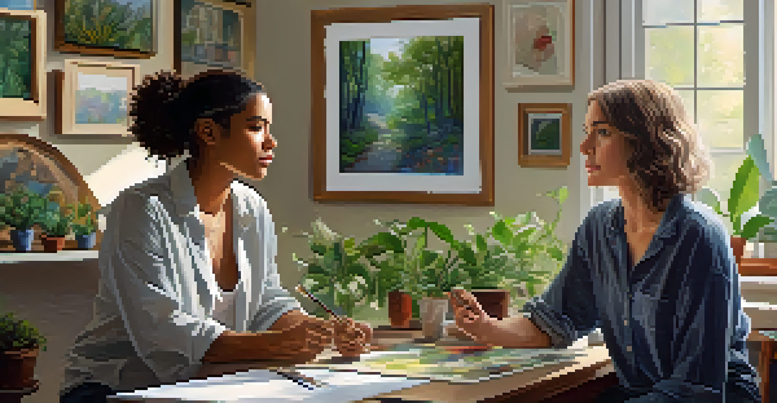 A cozy art studio where a therapist and a client discuss a painting, surrounded by various artworks and plants.