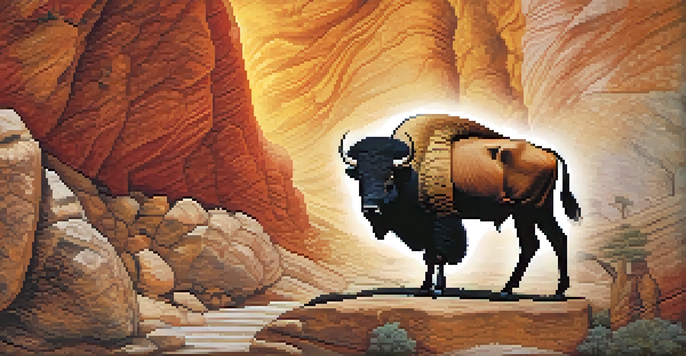 Detailed cave paintings on a stone wall, featuring animals in earthy colors illuminated by soft light.