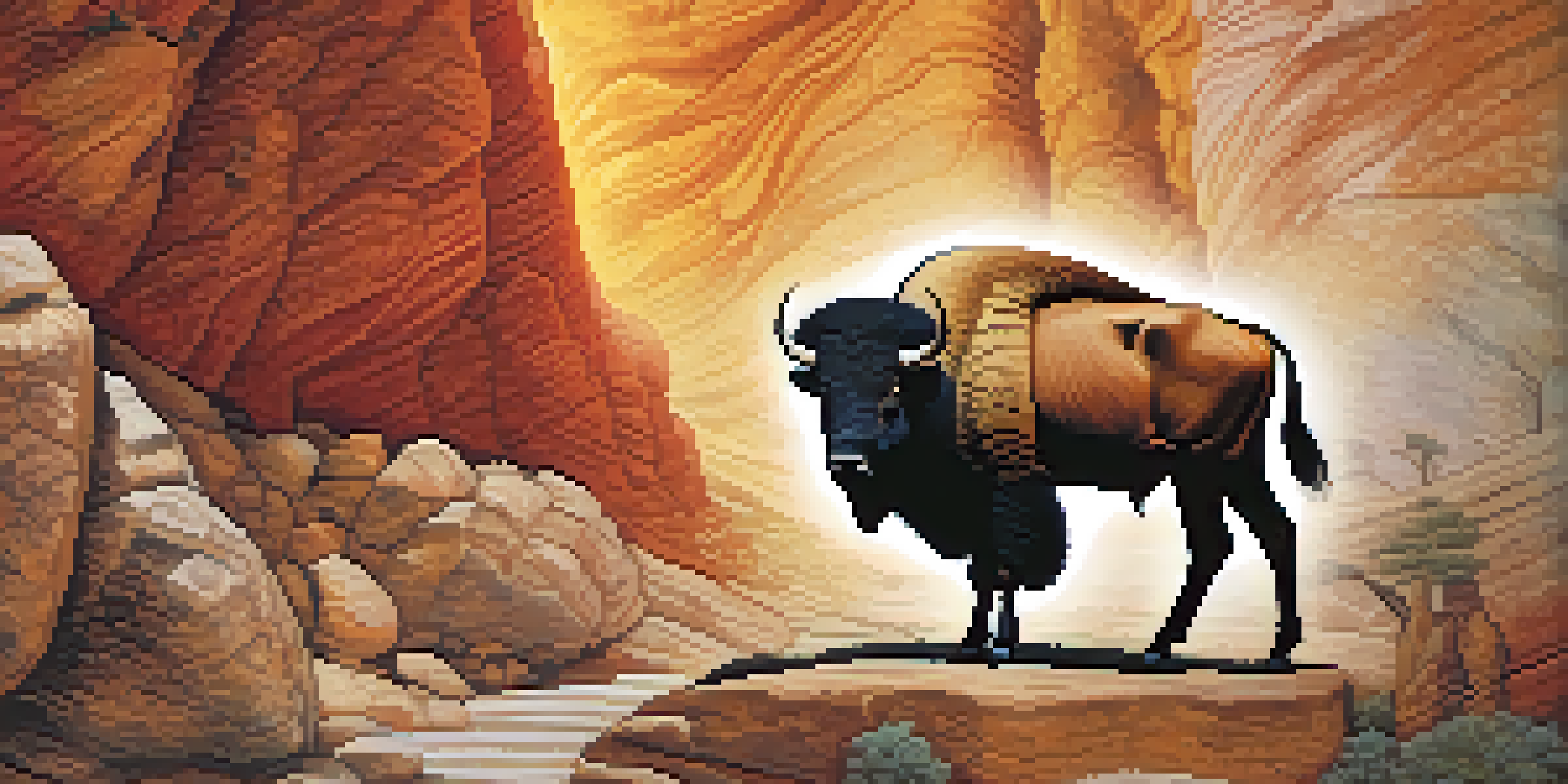 Detailed cave paintings on a stone wall, featuring animals in earthy colors illuminated by soft light.