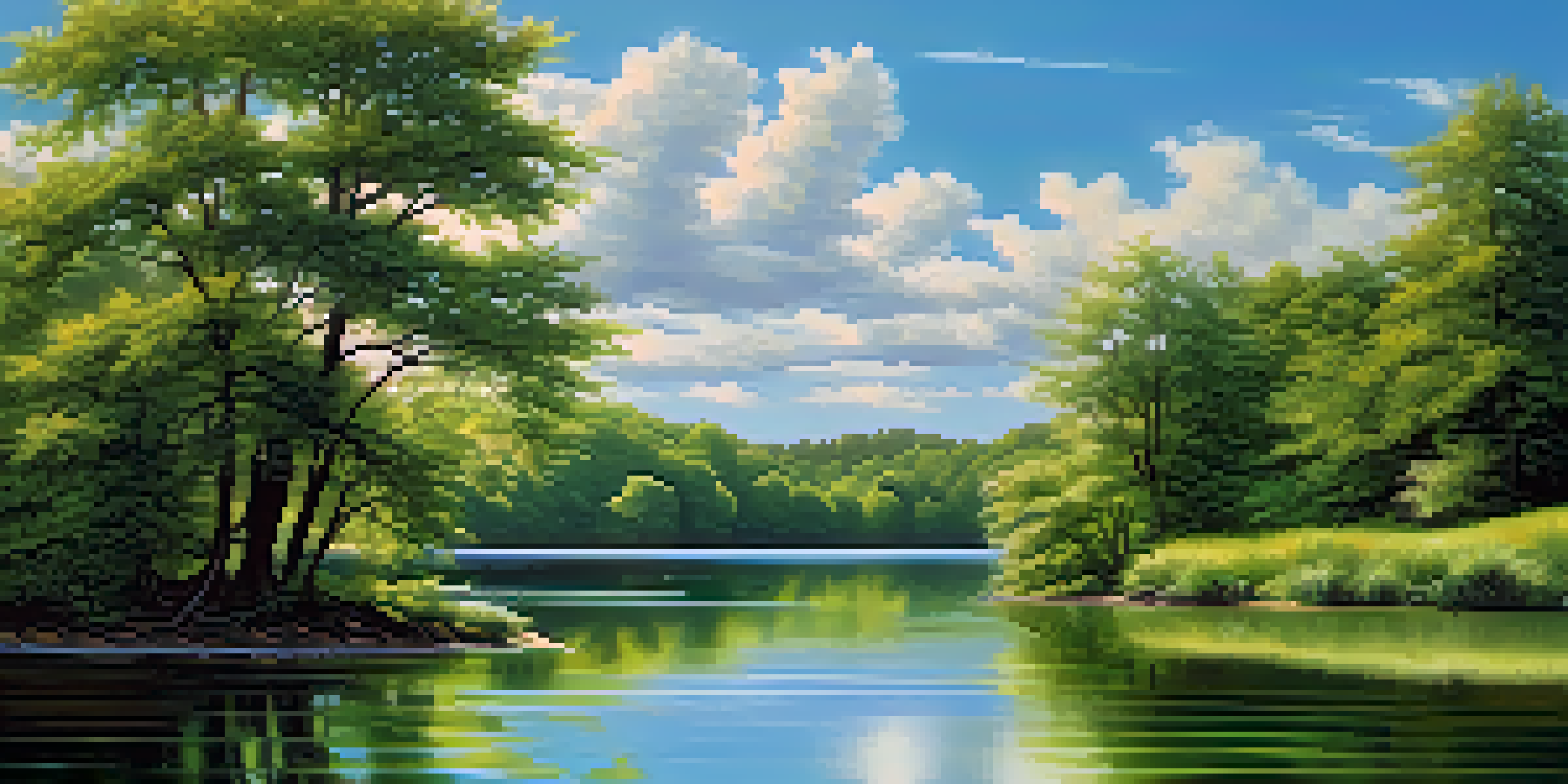 A peaceful lake surrounded by green trees and blue sky, with reflections on the water's surface.