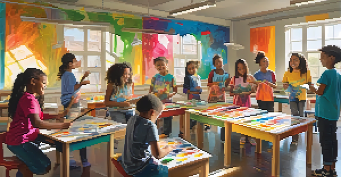 A bright and lively classroom where children of various ethnicities work together on a large mural, with colorful paints and art supplies around them.