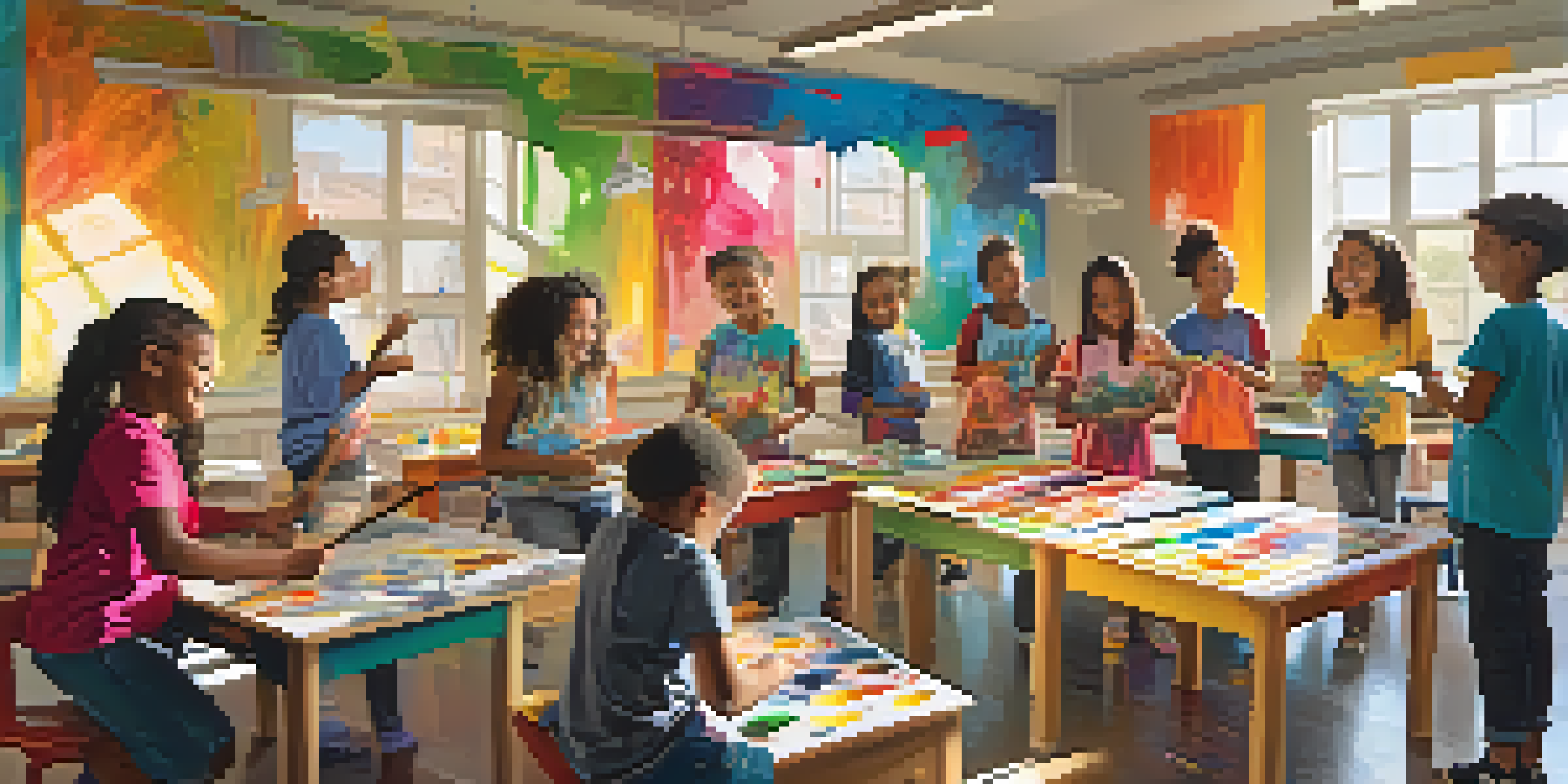 A bright and lively classroom where children of various ethnicities work together on a large mural, with colorful paints and art supplies around them.