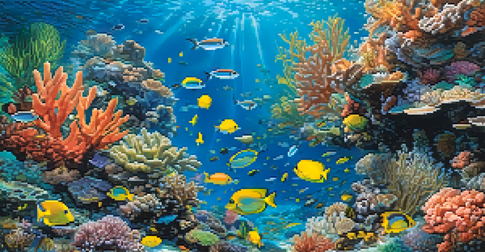 A colorful coral reef filled with various fish and coral structures, illuminated by sunlight.
