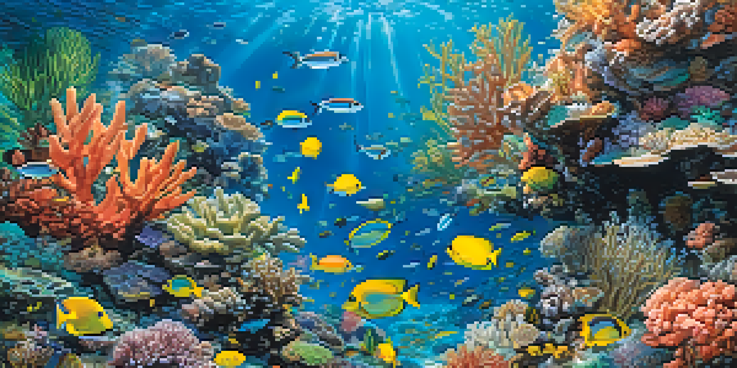 A colorful coral reef filled with various fish and coral structures, illuminated by sunlight.
