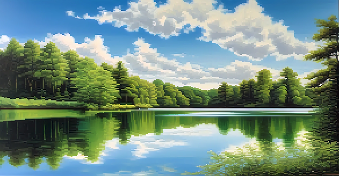 A peaceful landscape with a calm lake reflecting surrounding green trees and a blue sky with clouds.
