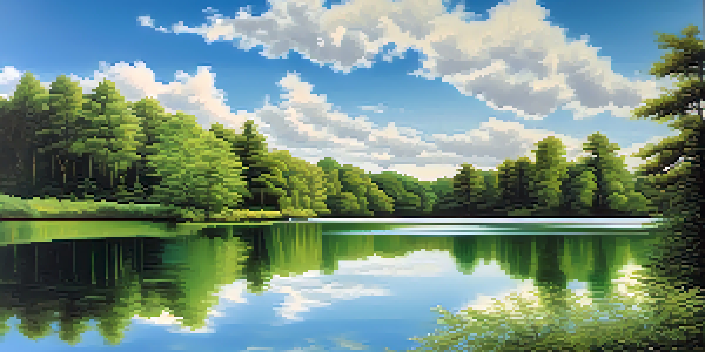 A peaceful landscape with a calm lake reflecting surrounding green trees and a blue sky with clouds.