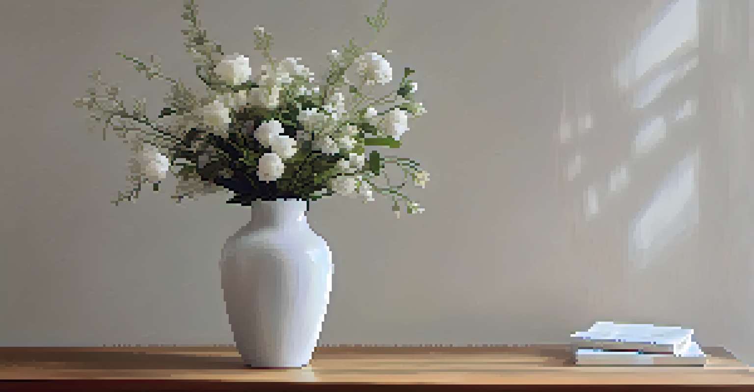 A minimalist image of a white vase with flowers on a wooden table, surrounded by white space.