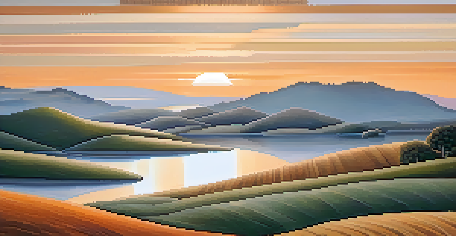 A peaceful collage landscape with rolling hills, a lake, and a sunset, using soft pastel colors and textured papers.