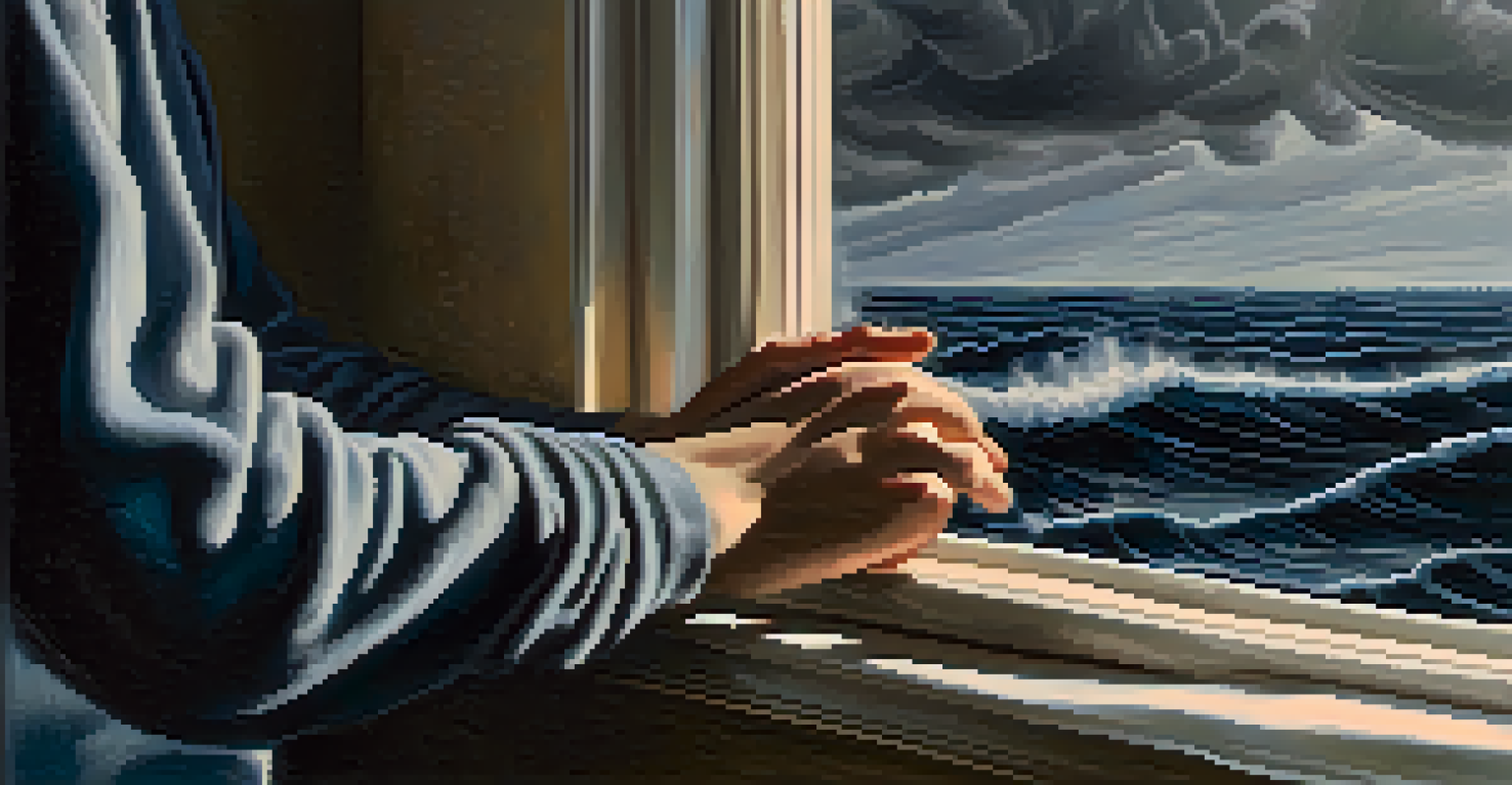 A close-up of a sorrowful painting of a stormy sea, illuminated by soft sunlight, with a character's hand touching the frame.