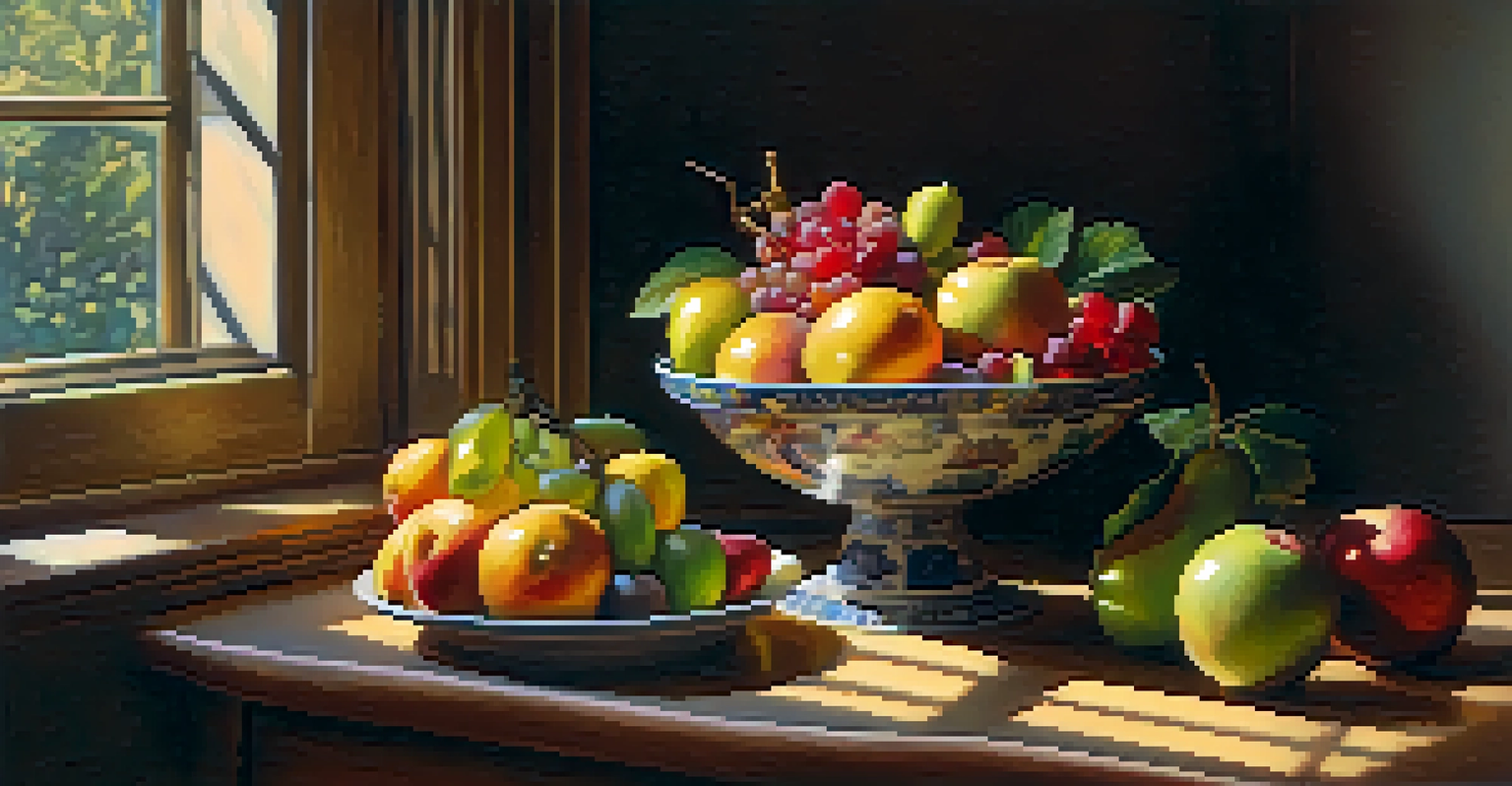 A still life of colorful fruits on a wooden table, illuminated by sunlight coming through a window, creating soft shadows.