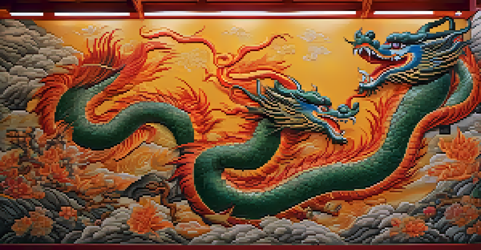 An urban mural showcasing dragons and phoenixes from ancient Chinese mythology, rich in detail and color, set in a city street.