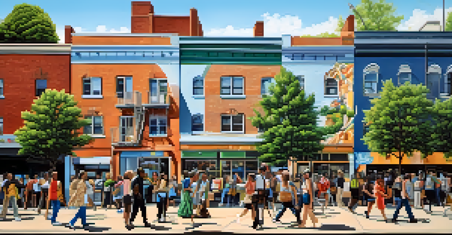 An urban street scene with a large mural depicting social issues, surrounded by greenery and pedestrians engaging with the artwork.
