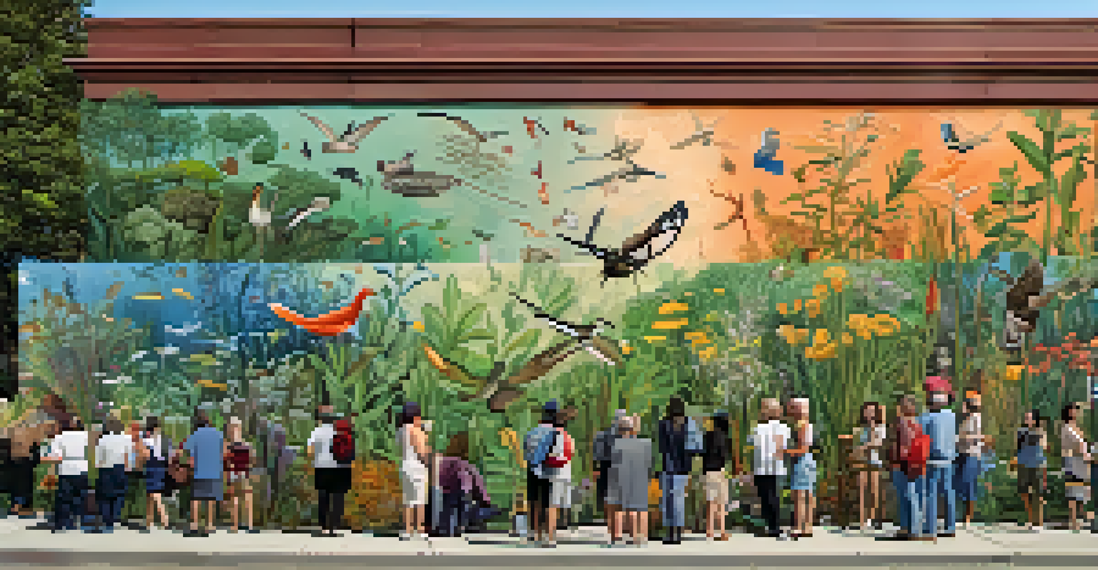 A large mural depicting a vibrant ecosystem with plants and animals, with people around it.