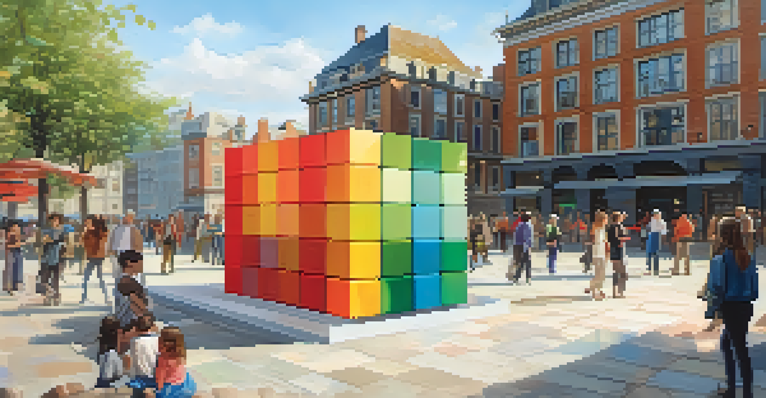 An interactive art installation with colorful cubes in a lively city square, with people engaging with the artwork.