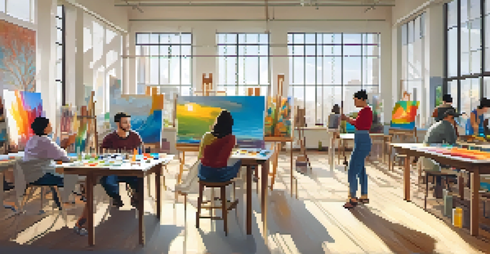 A diverse group of people participating in a lively art workshop, painting on easels in a bright community center filled with natural light.