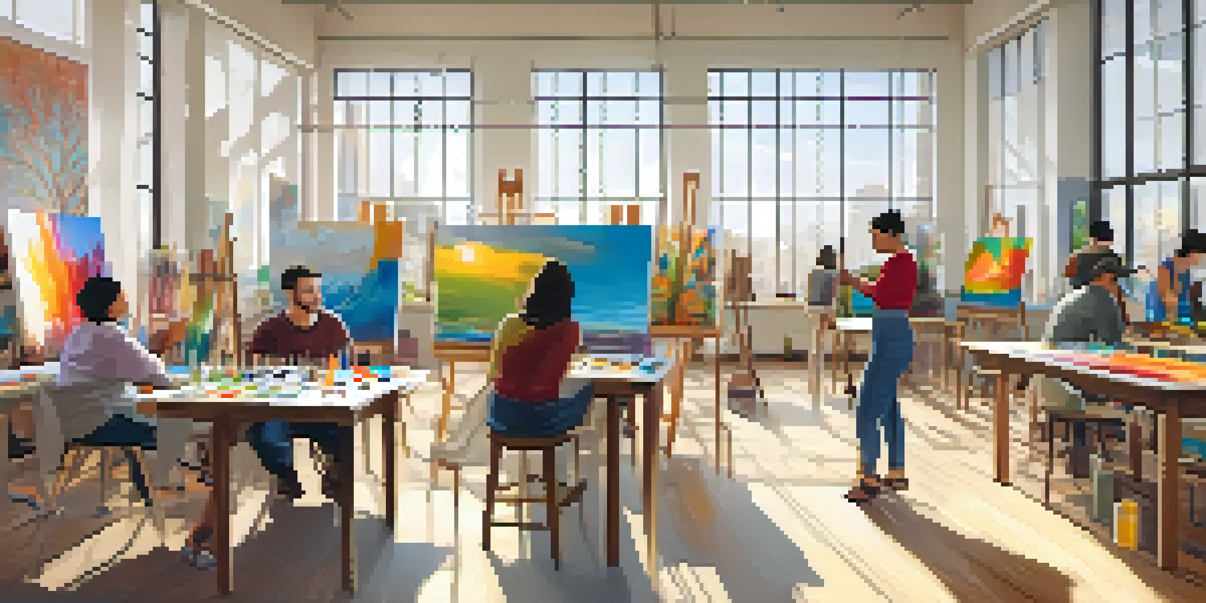 A diverse group of people participating in a lively art workshop, painting on easels in a bright community center filled with natural light.