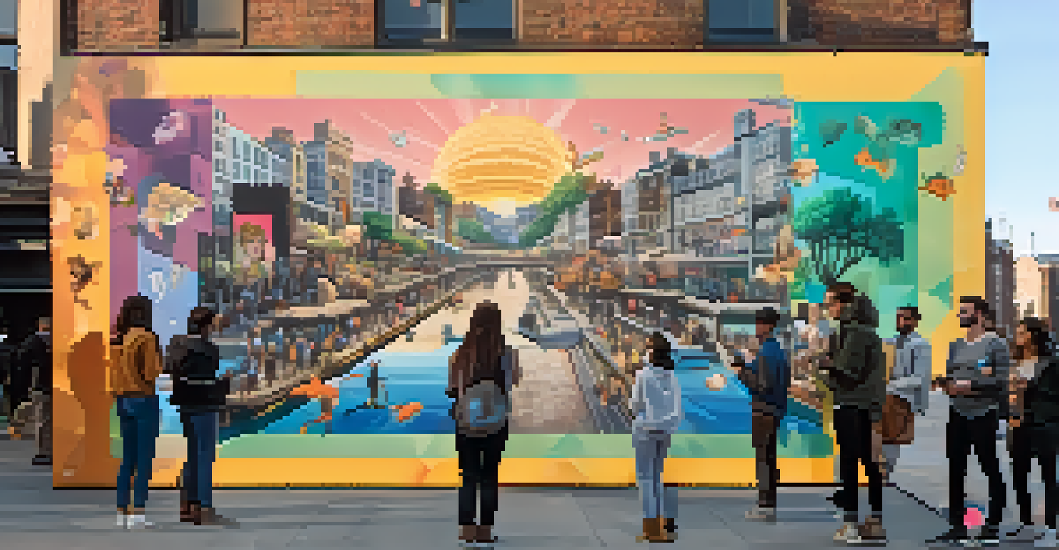 A street mural with augmented reality features, showcasing interactive elements that engage viewers in a public square during the evening.