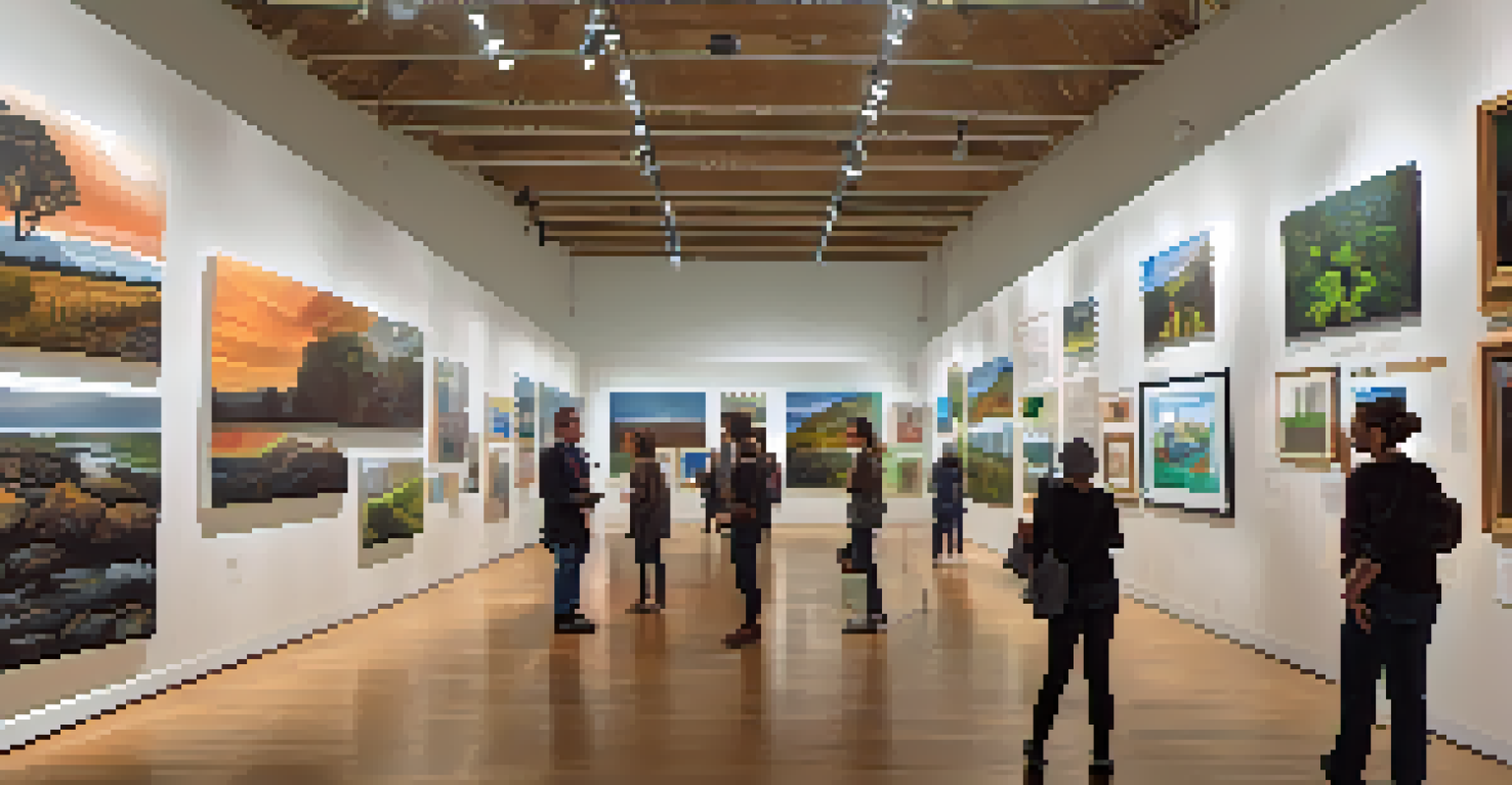 An art exhibition featuring impactful paintings on climate change with visitors discussing and engaging with the art.