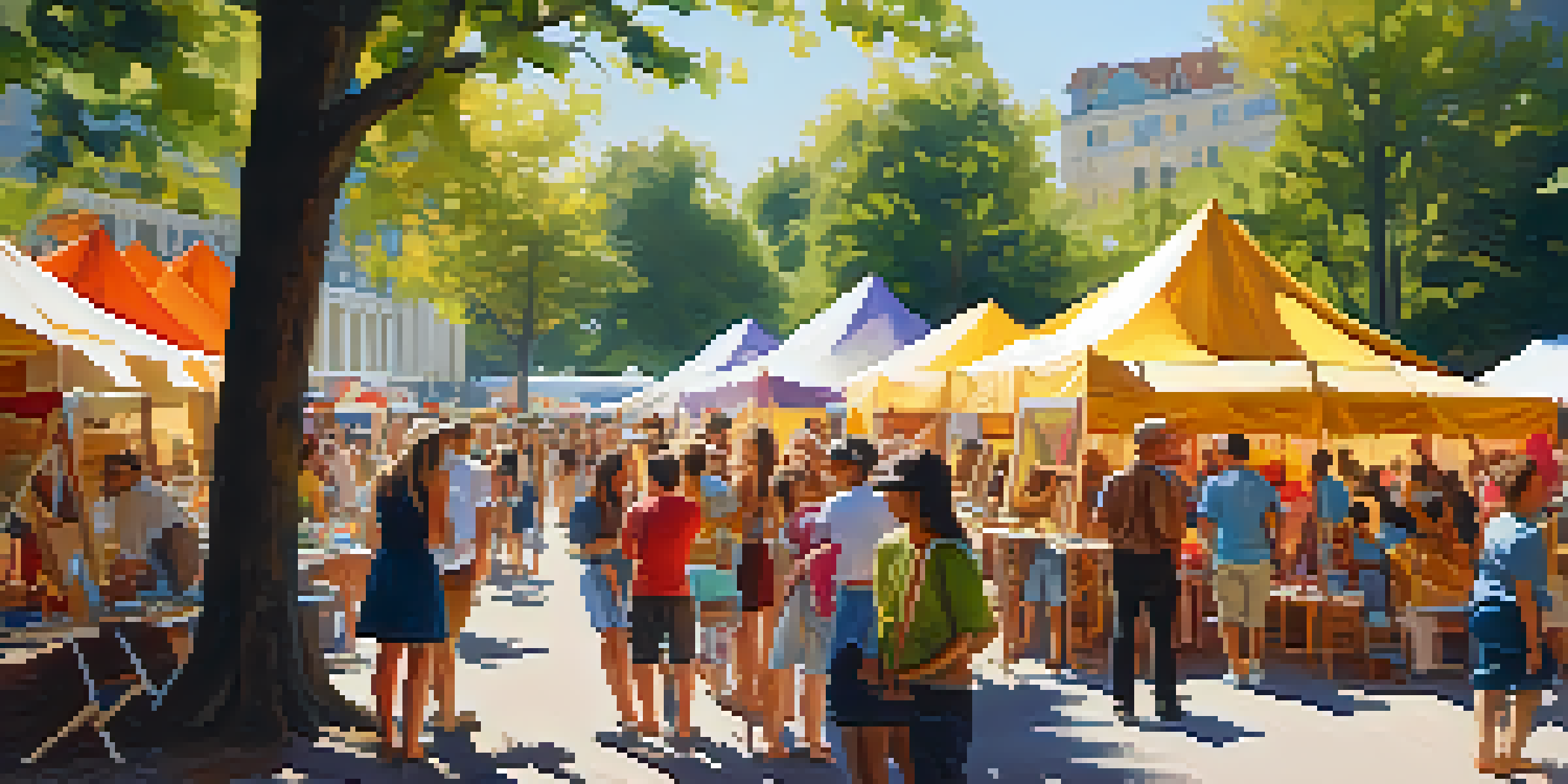 An outdoor art fair with artists painting and spectators admiring the artwork, under warm sunlight and surrounded by trees.