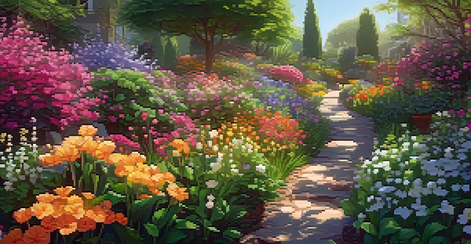 A colorful digital garden with uniquely generated flowers surrounded by green leaves and soft sunlight.