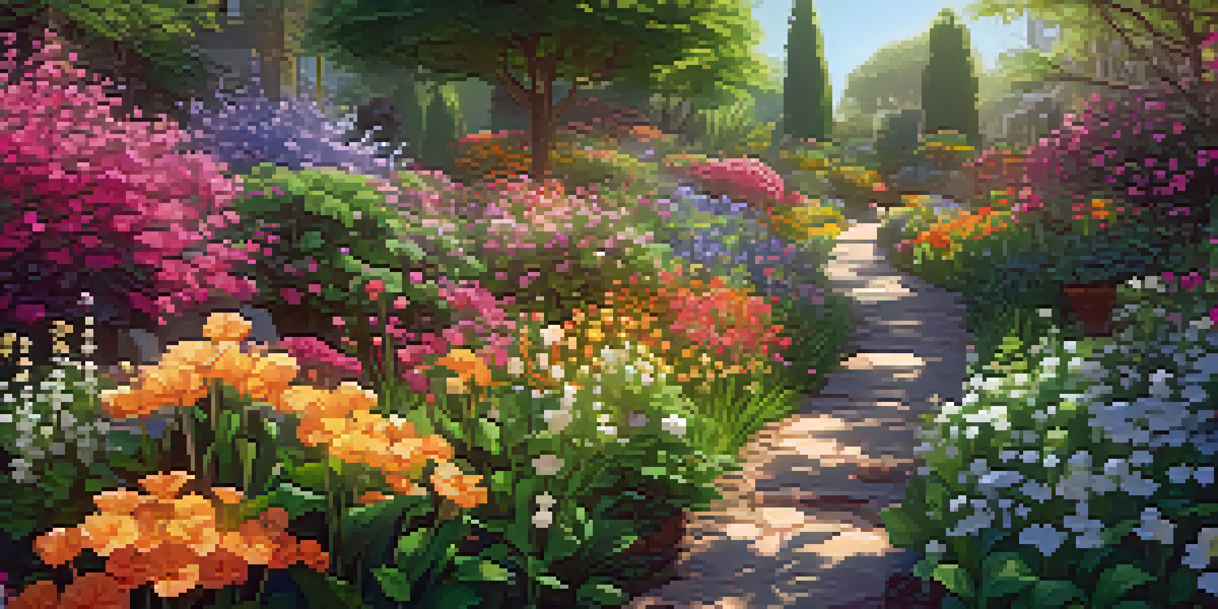 A colorful digital garden with uniquely generated flowers surrounded by green leaves and soft sunlight.