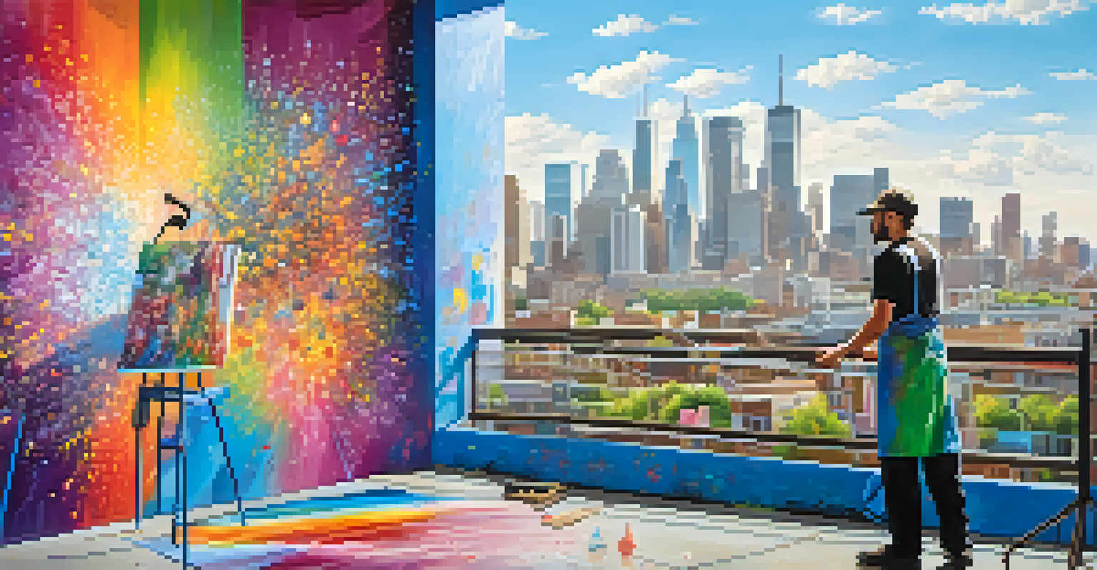 An artist creating a colorful mural on a city wall, with a skyline in the background.