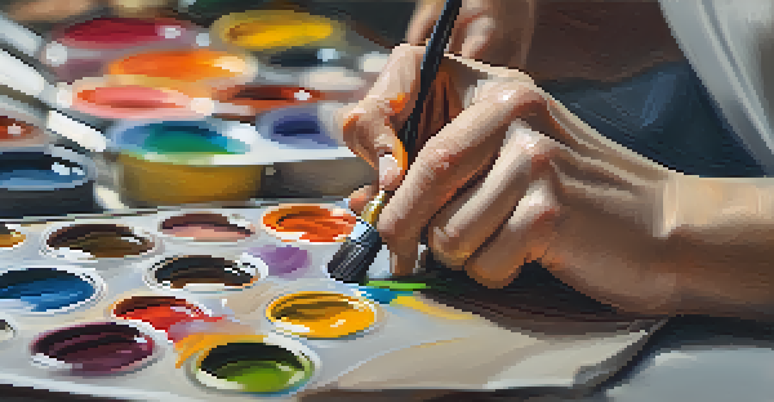 Close-up of an artist's hands painting on a canvas, with a colorful palette and expressive brush strokes in focus.