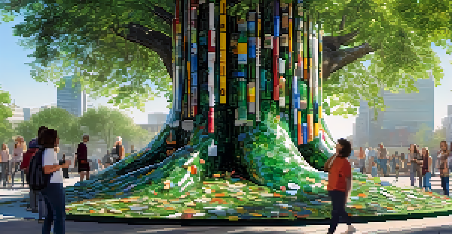 A large tree sculpture made of recycled materials in an urban park, with people interacting and sunlight creating shadows.
