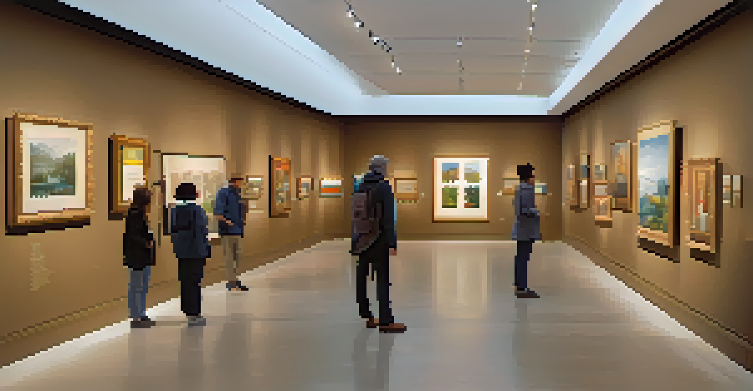 A gallery space featuring art celebrating cultural appreciation, with visitors engaging thoughtfully.