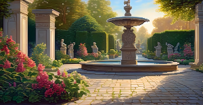 A beautiful Renaissance garden with a fountain, sculptures, and colorful flowers bathed in golden sunlight.
