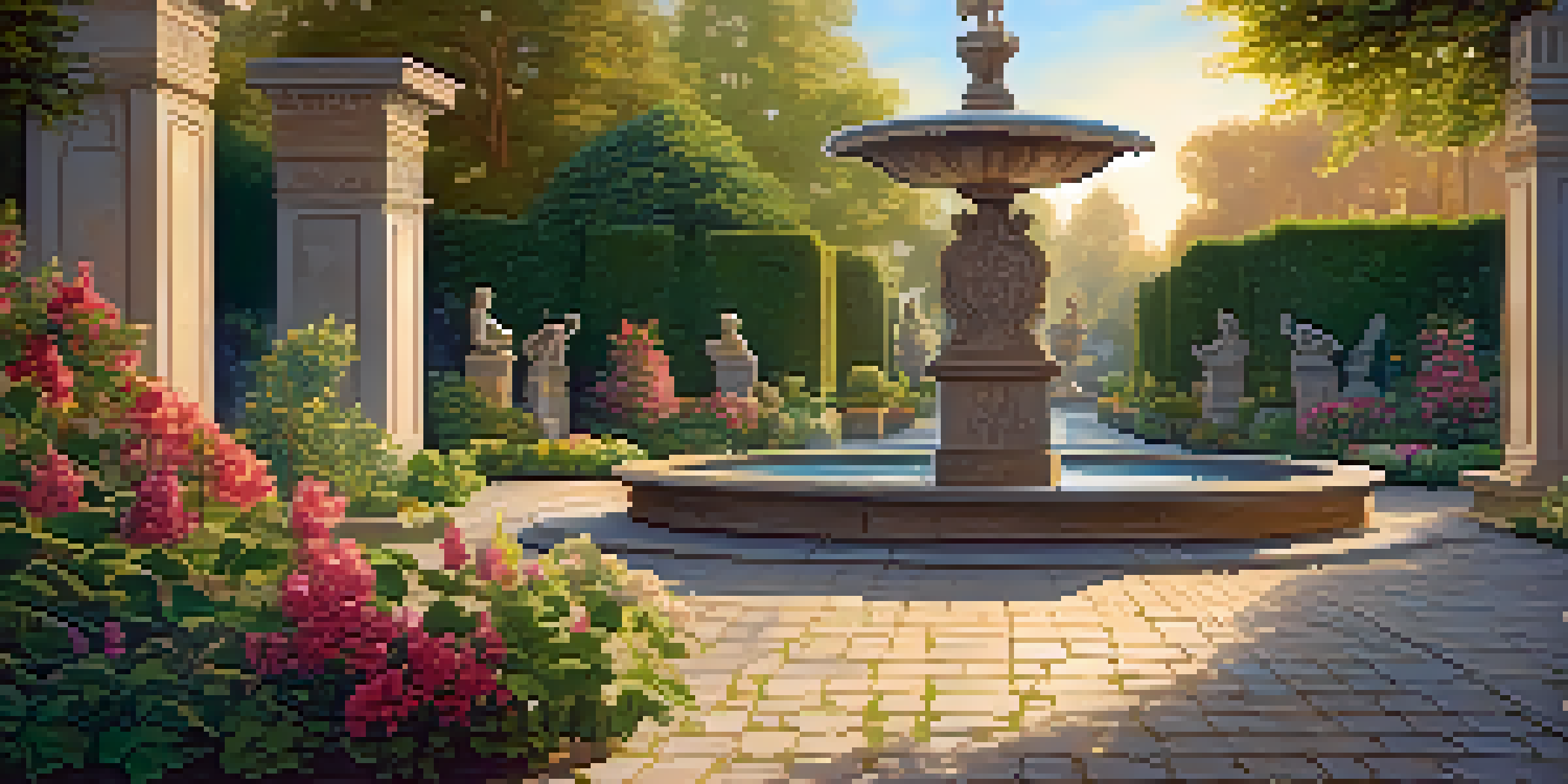 A beautiful Renaissance garden with a fountain, sculptures, and colorful flowers bathed in golden sunlight.