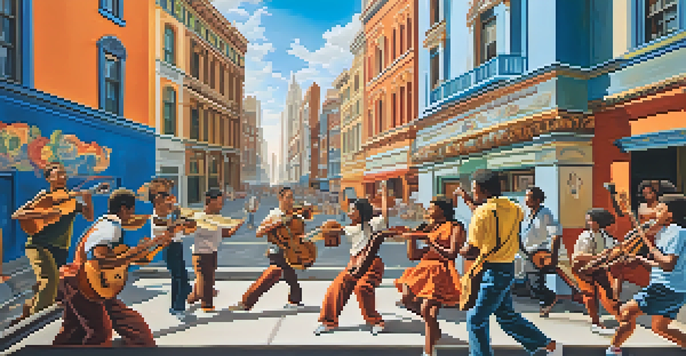 A colorful mural showing diverse individuals involved in different art forms, with a city skyline in the background.