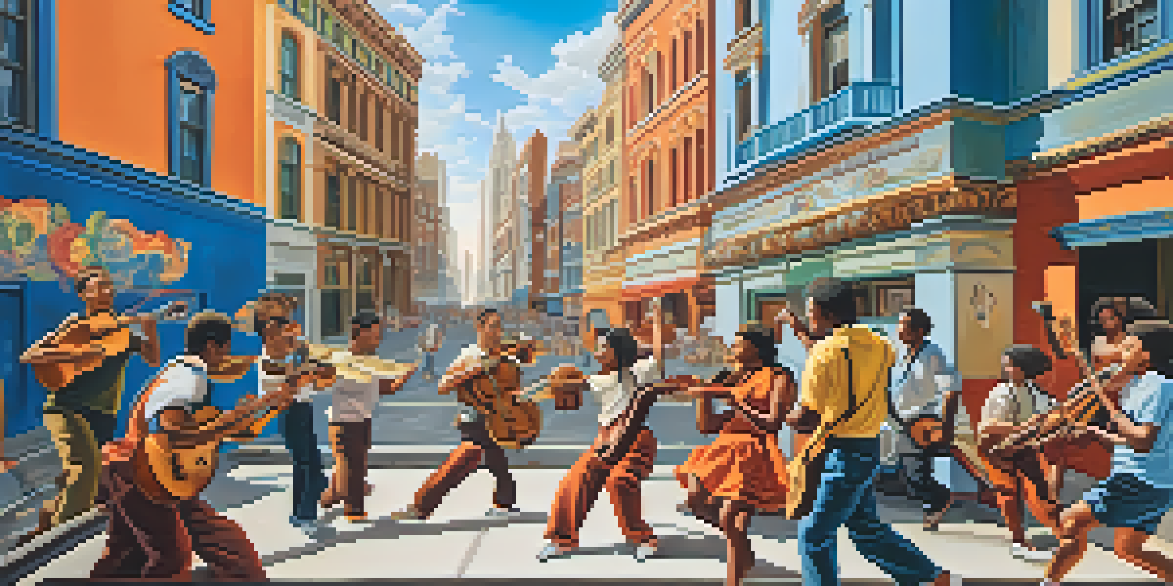 A colorful mural showing diverse individuals involved in different art forms, with a city skyline in the background.