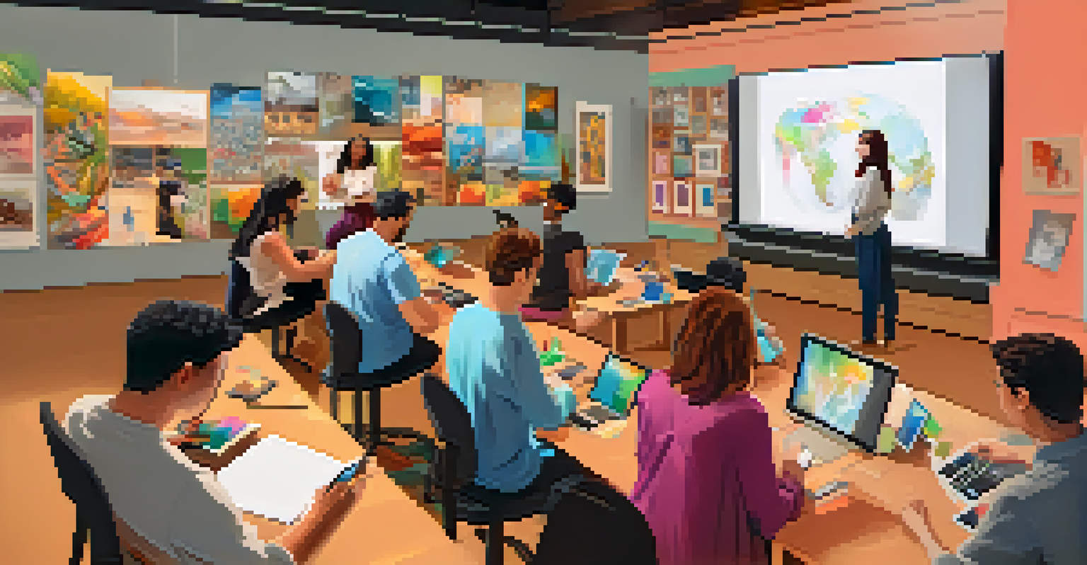 A diverse group of students attending an online art class with an instructor, surrounded by art supplies.