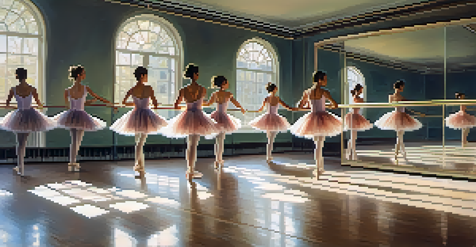 A dance studio with ballet dancers practicing in front of a large mirror, illuminated by soft lighting, emphasizing their graceful movements.