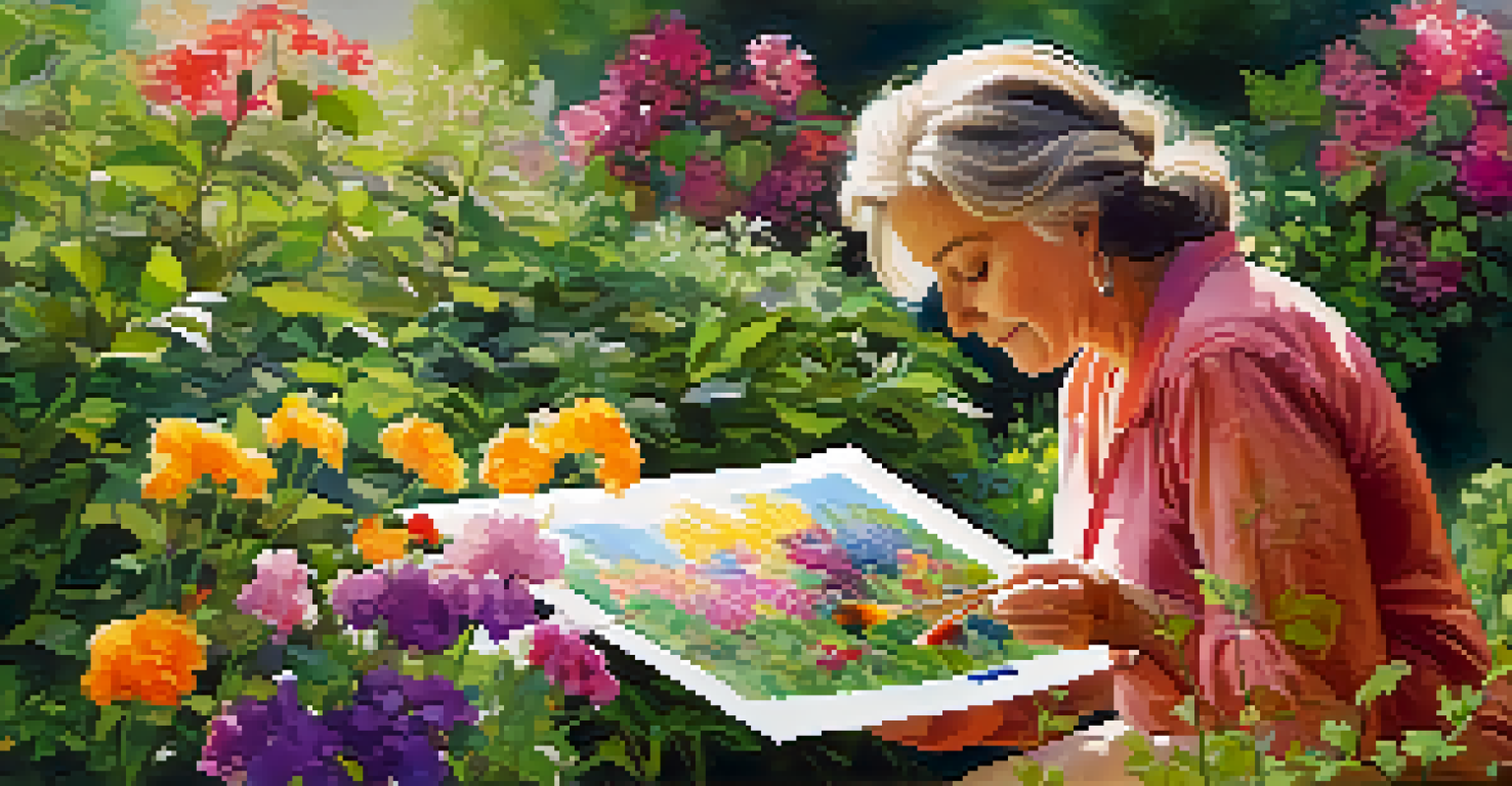 An artist painting with watercolors outdoors, surrounded by flowers and greenery, showcasing vibrant colors.