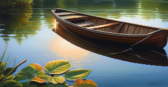 A peaceful lake scene at sunset with a wooden boat and surrounding greenery, reflecting warm colors in the water.