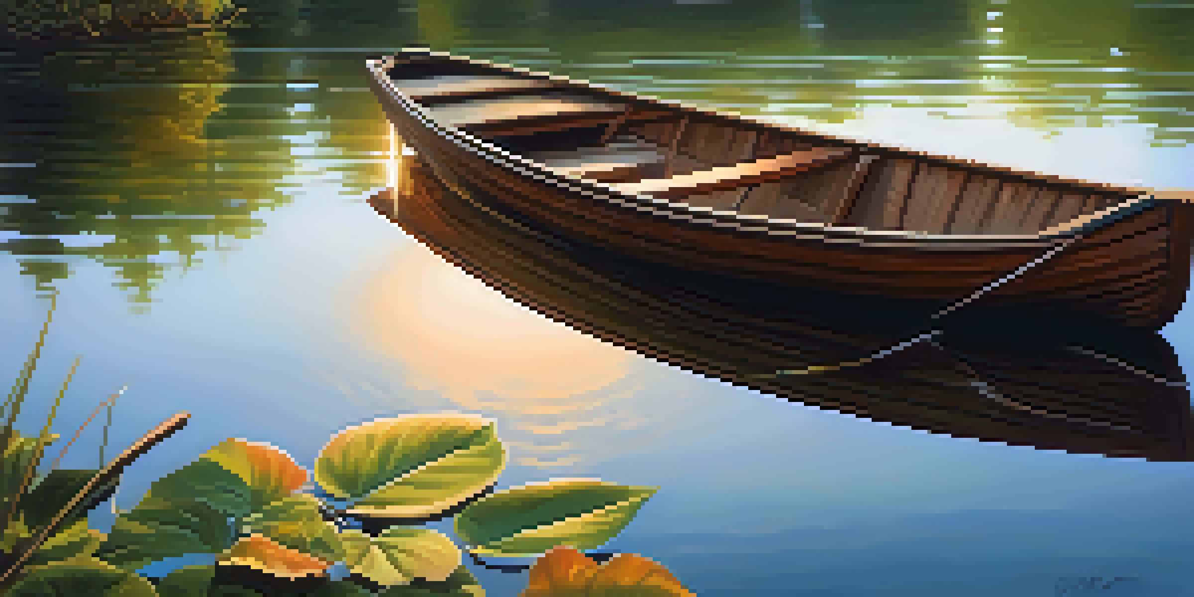 A peaceful lake scene at sunset with a wooden boat and surrounding greenery, reflecting warm colors in the water.