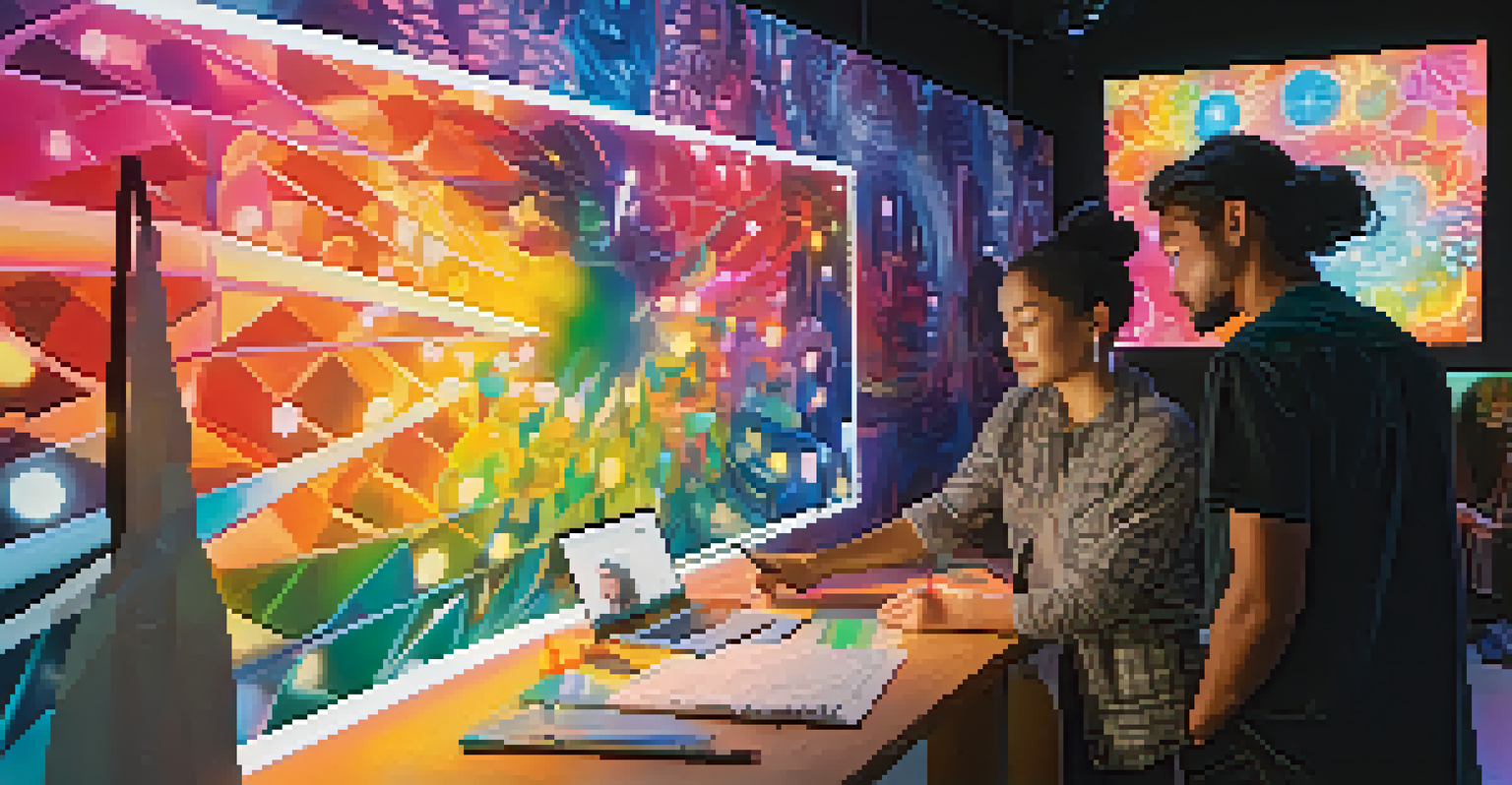Two artists collaborating on a digital mural, one illustrating and the other giving feedback, in a vibrant artistic environment.