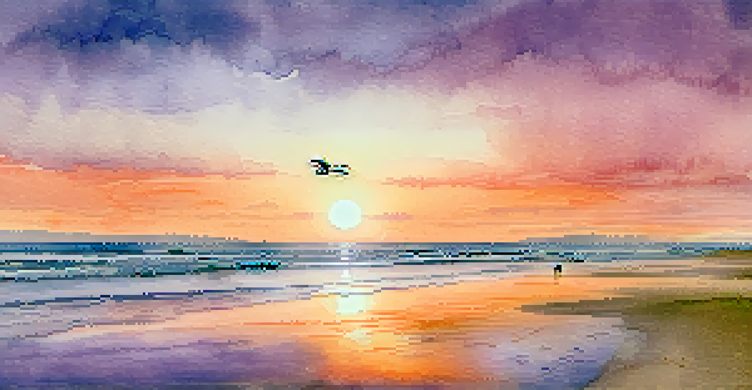 A soft watercolor painting of a beach at sunset with gentle waves and a flying seagull.