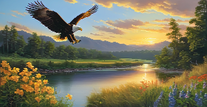 A peaceful river landscape with colorful flowers, green trees, and an eagle flying overhead during sunset.